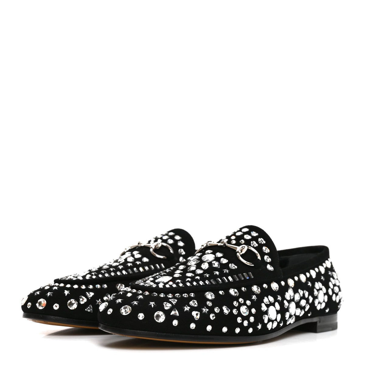 Gucci Suede Velvet Women's Crystal GG Jordaan Loafers 37.5 Black
