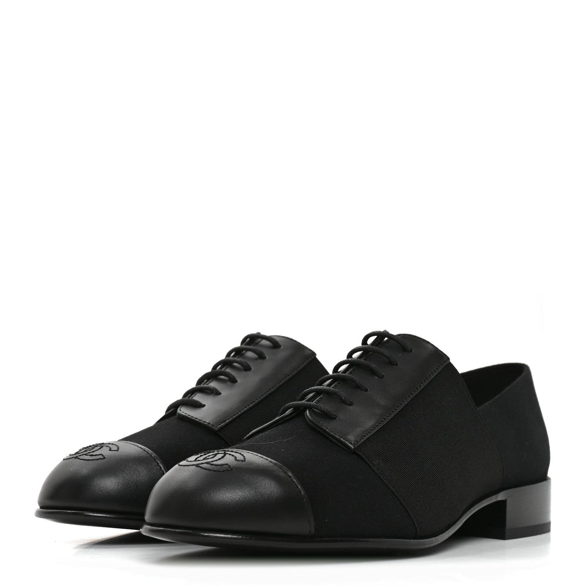 Chanel Calfskin Women's Elastic Lace Up Cap Toe CC Loafers 35.5 Black