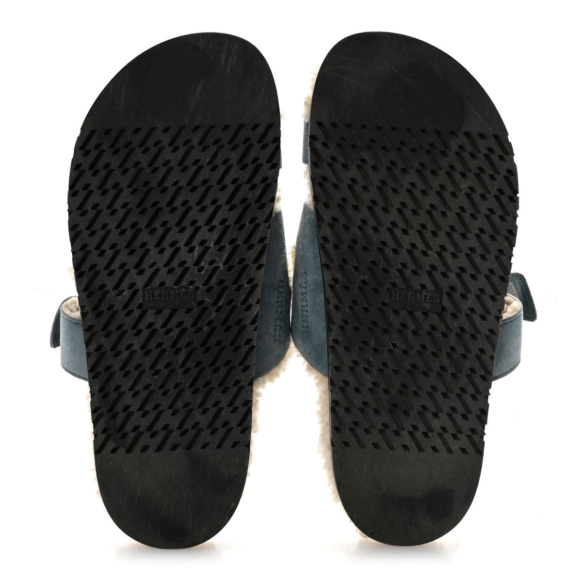 Hermes Suede Goatskin Woolskin Women's Chypre Sandals 38.5 Bleu Pinede Ecru