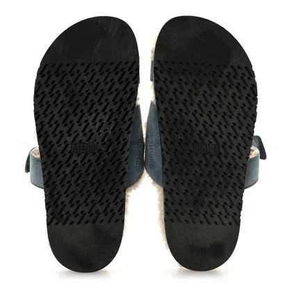 Hermes Suede Goatskin Woolskin Women's Chypre Sandals 38.5 Bleu Pinede Ecru