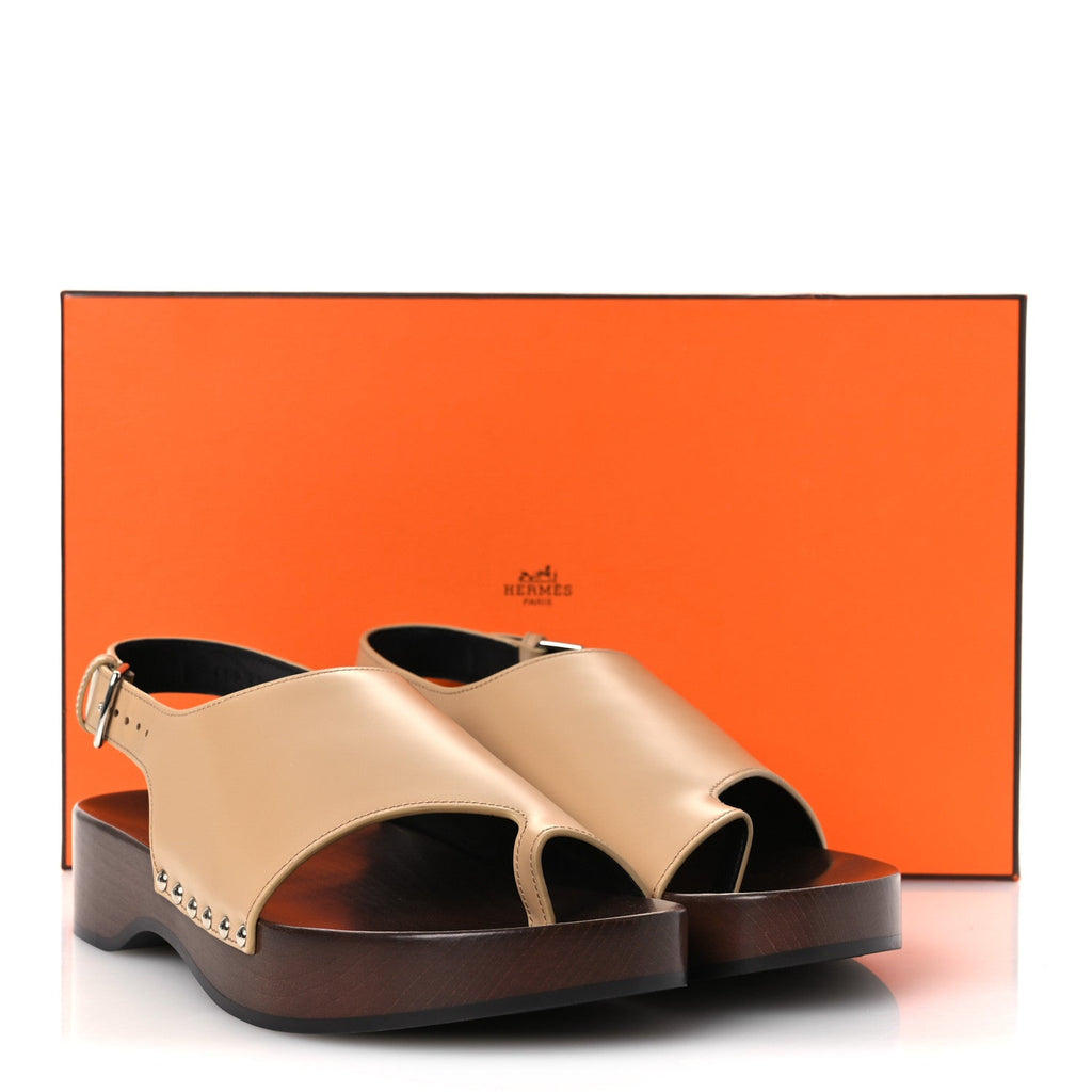 Hermes Glazed Calfskin Women's Klay Clog 40 Beige Naturel