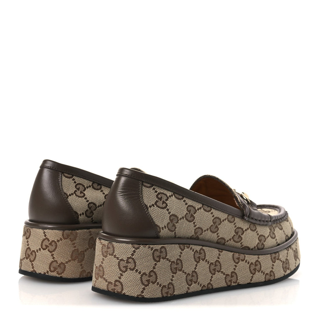Gucci Monogram Canvas Women's Horsebit Wedge Platform Loafers 37 Beige Ebony