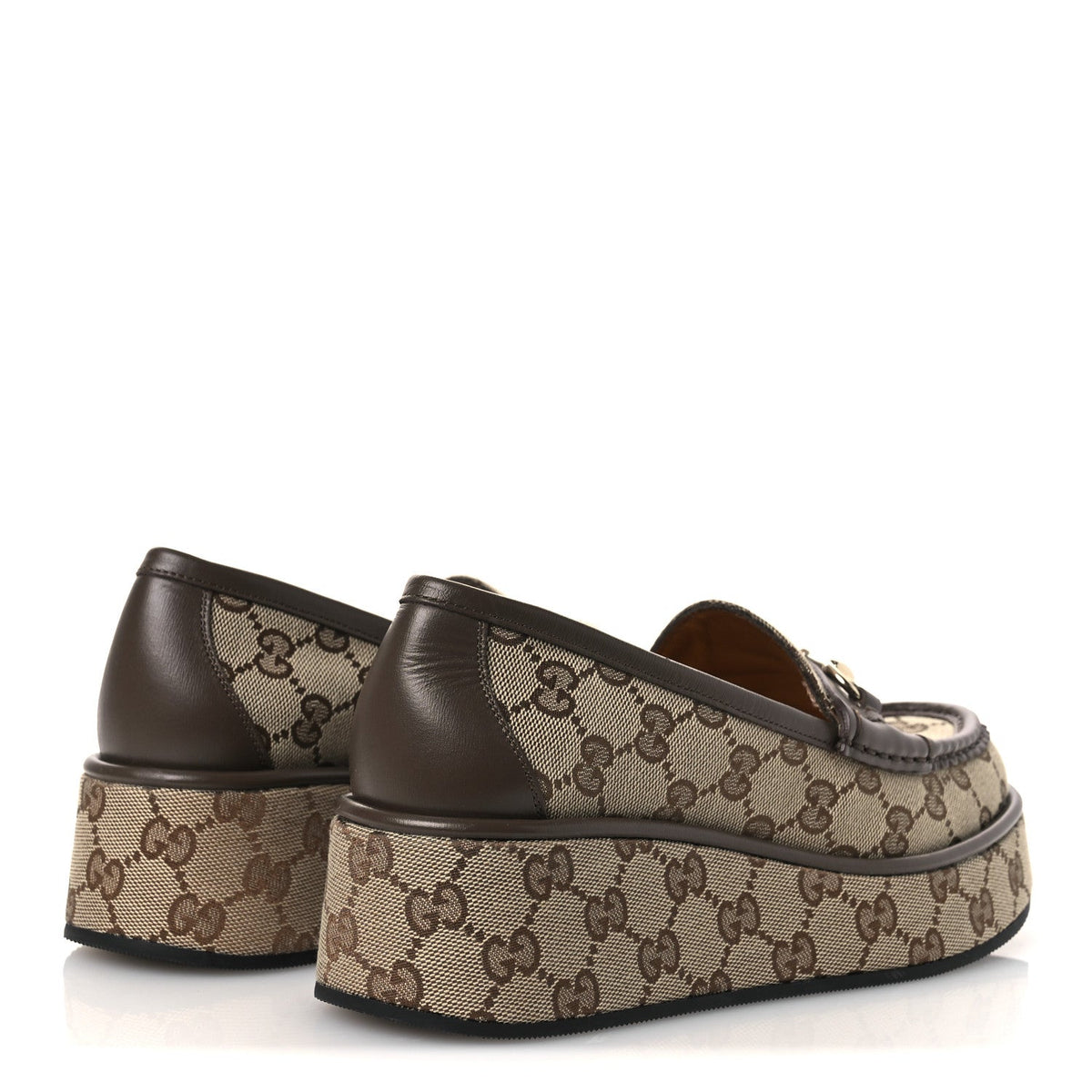 Gucci Monogram Canvas Women's Horsebit Wedge Platform Loafers 37 Beige Ebony