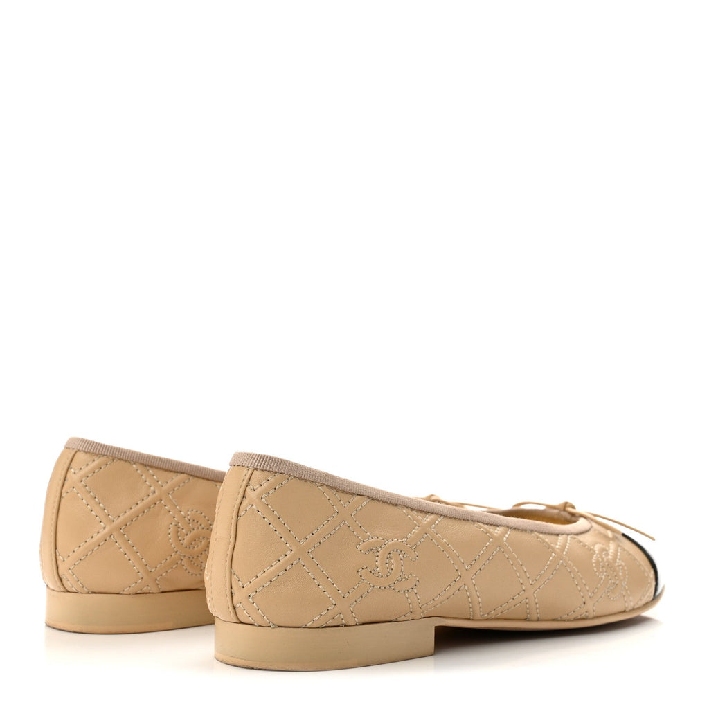 Chanel Lambskin Patent Women's Double Stitched CC Cap Toe Ballerina Flats 37 Beige Black