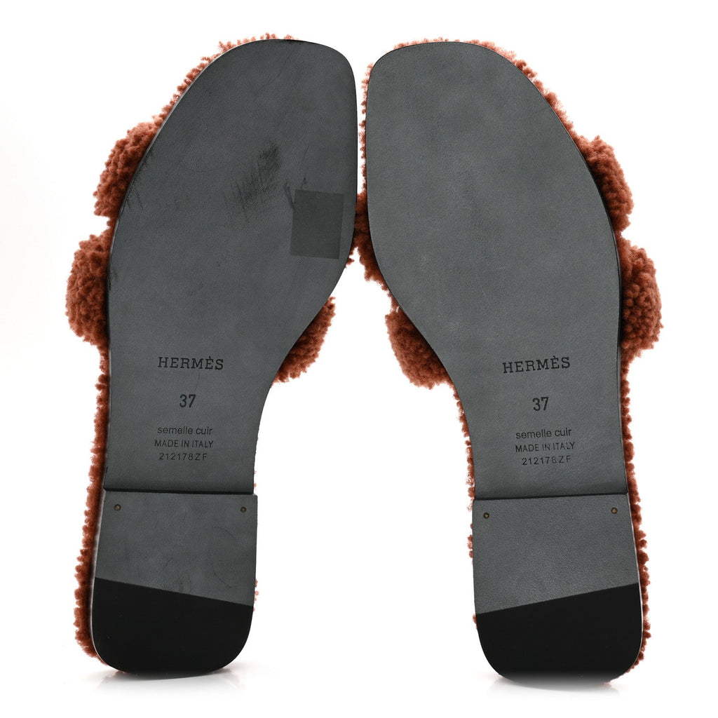 Hermes Woolskin Women's Oran Sandals 37 Cognac