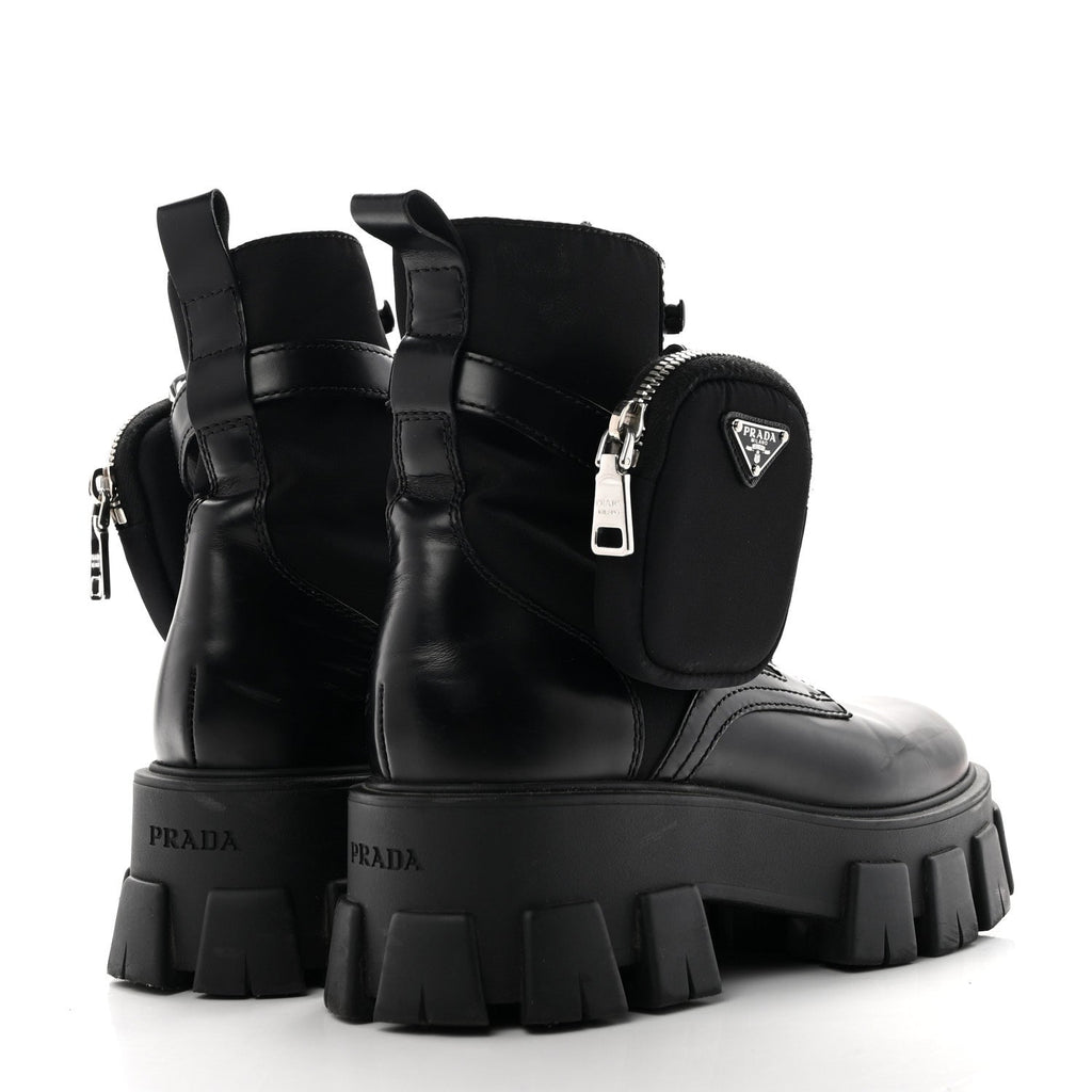 Prada Spazzolato Calfskin Nylon Women's Monolith Pouch Boots 38 Black
