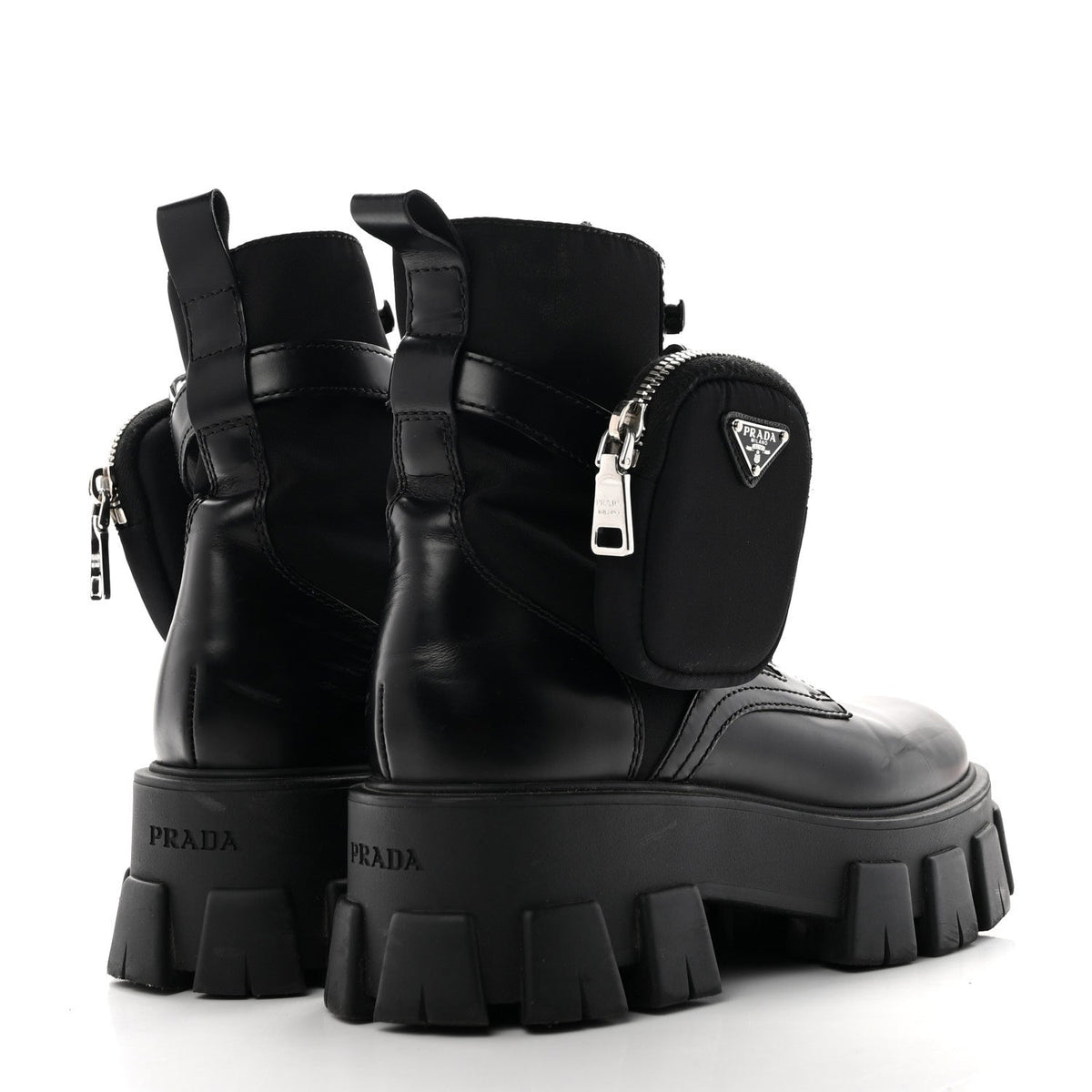 Prada Spazzolato Calfskin Nylon Women's Monolith Pouch Boots 38 Black