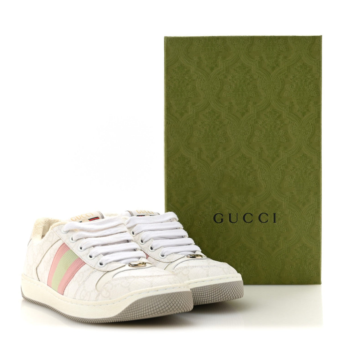 Gucci GG Monogram Canvas Women's Screener Sneakers 35.5 White Grey Pink