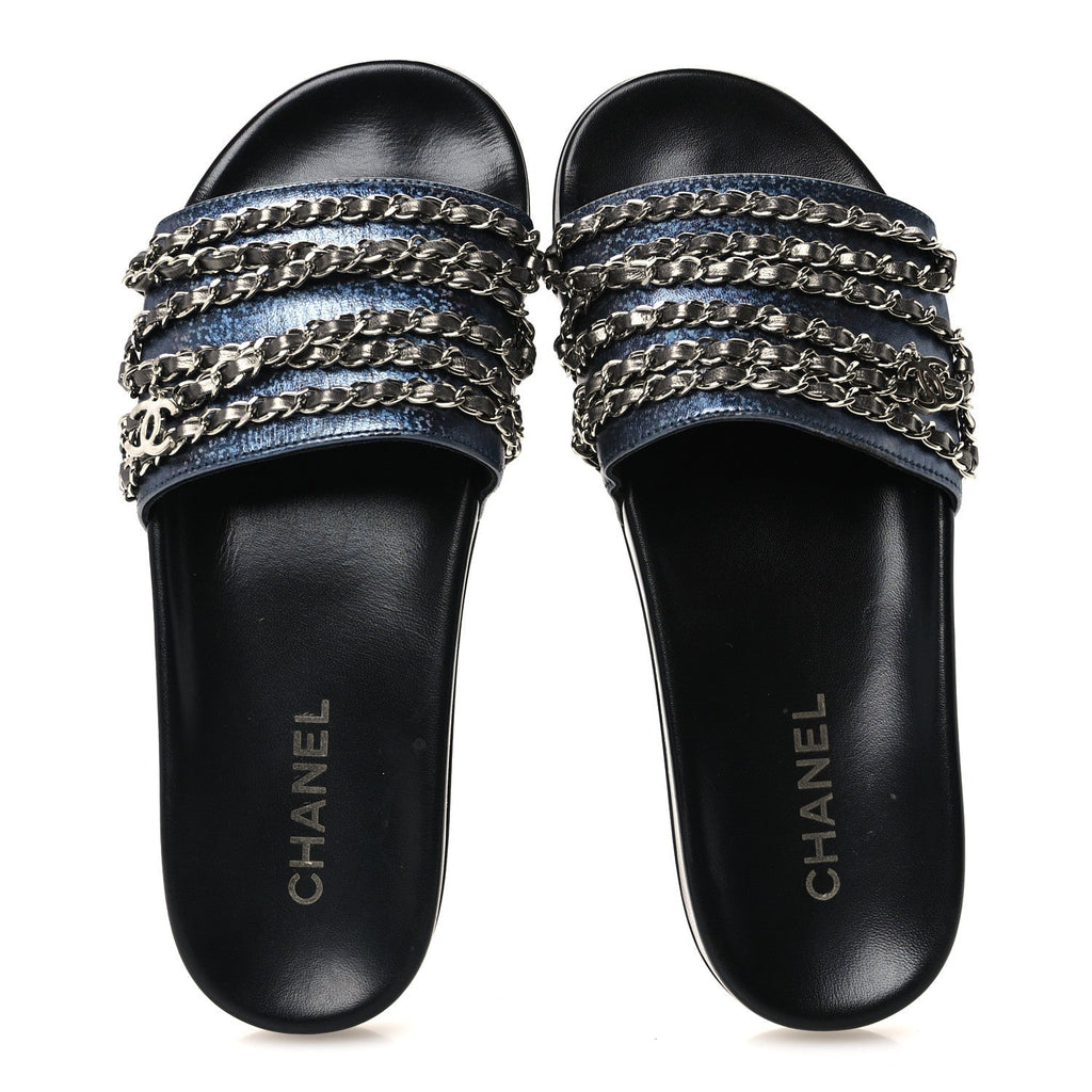 Chanel Lambskin Women's Fantasy Chain Flat Sandals 40 Dark Blue