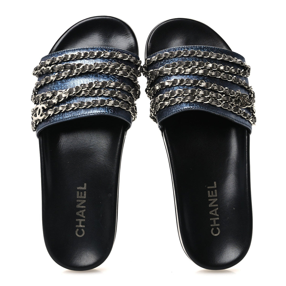 Chanel Lambskin Women's Fantasy Chain Flat Sandals 40 Dark Blue