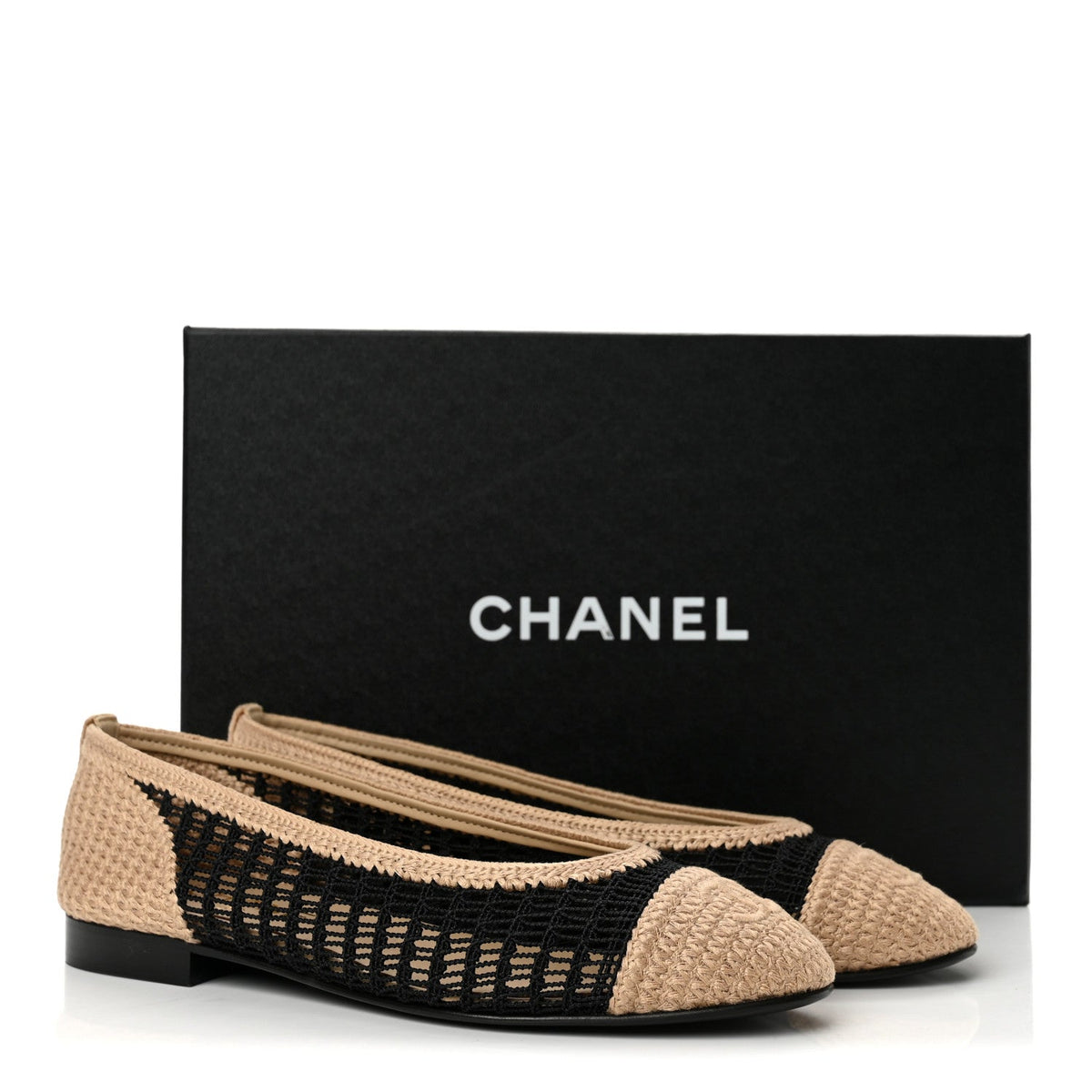 Chanel Raffia Cap Toe Women's Ballerina Flats Black Beige