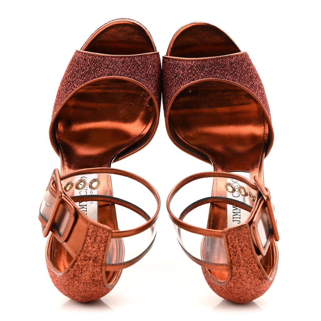 Jimmy Choo Metallic Lurex Perspex Women's Mayner 130 Platform Sandals 38 Pop Orange Clear