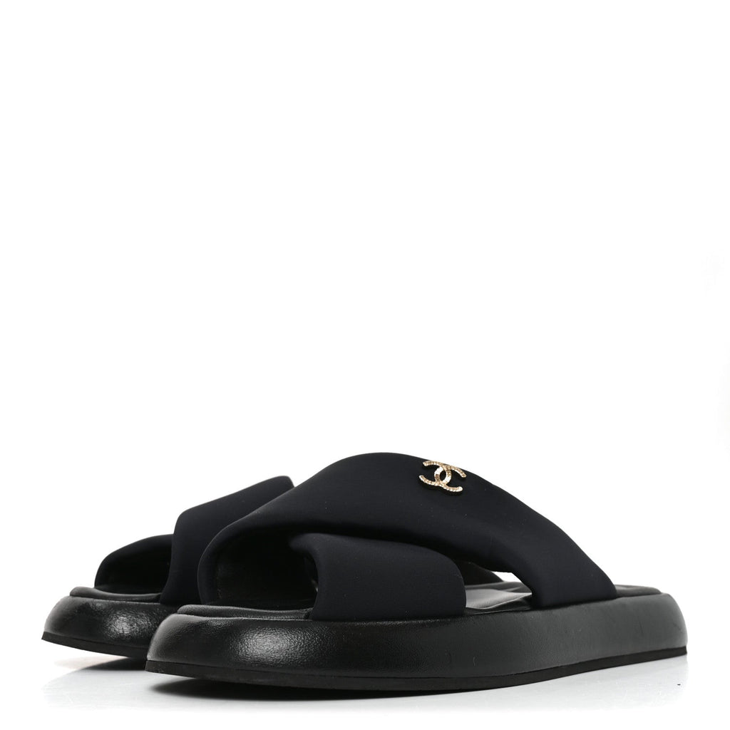 Chanel Fabric Women's CC Mules Sandals 38 Black