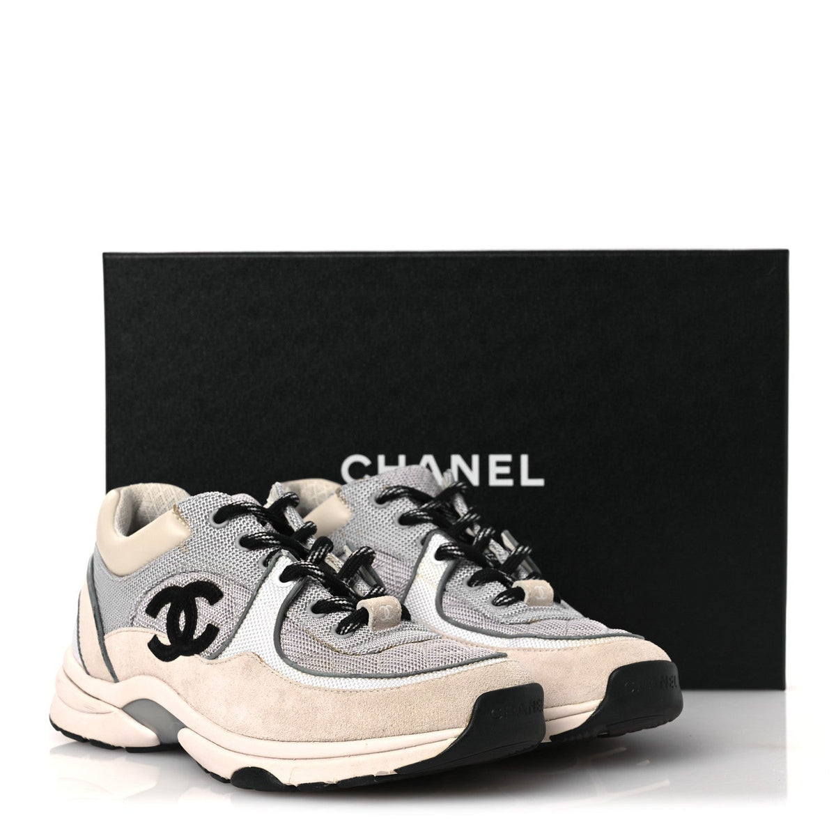 Chanel Mesh Suede Grained Calfskin Women's CC Sneakers 37 Grey White