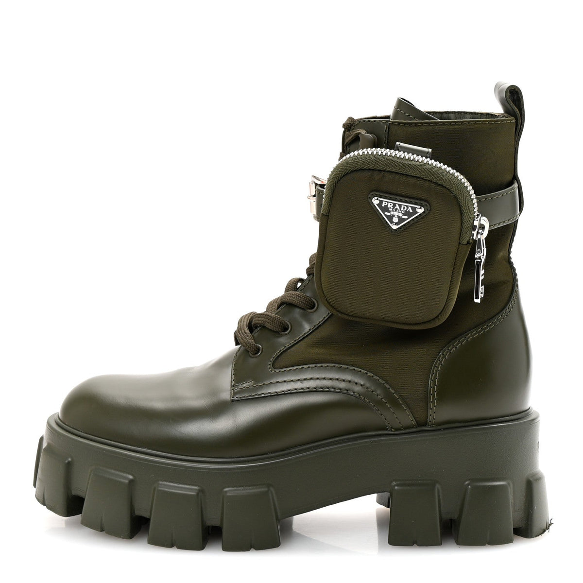 Prada Spazzolato Re-Nylon Women's Monolith 55mm Boots 37.5 Militare