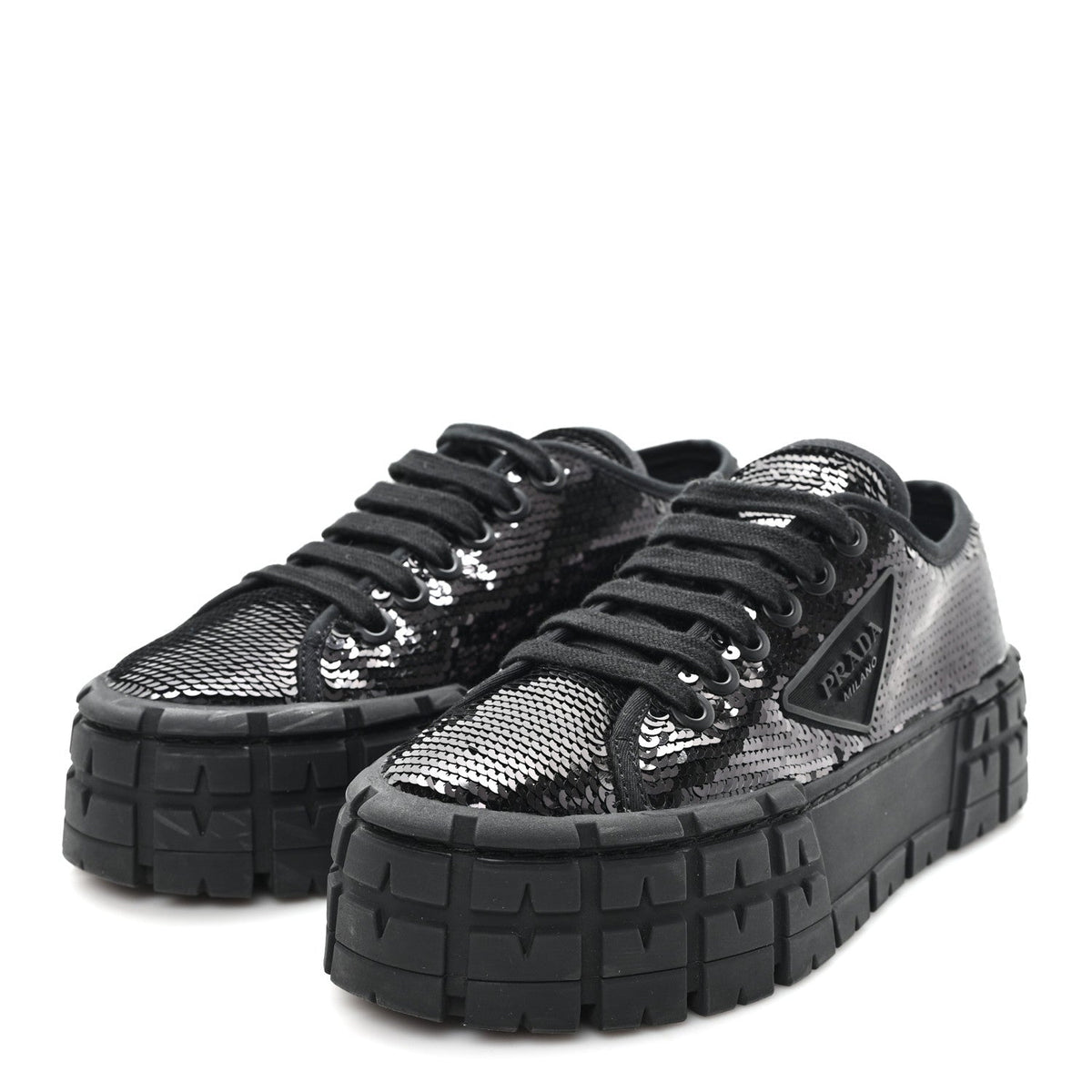 Prada Paillettes Triangle Logo Double Wheel 50mm Women's Sneakers 37 Black