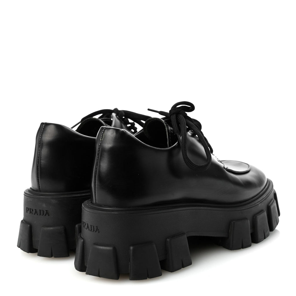 Prada Spazzolato Calfskin Women's Monolith Derby Loafers 36.5 Black