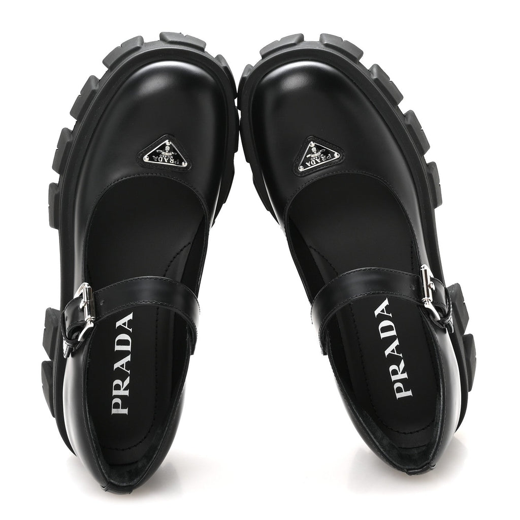 Prada Spazzolato Calfskin Women's Monolith Mary Janes 35.5 Black