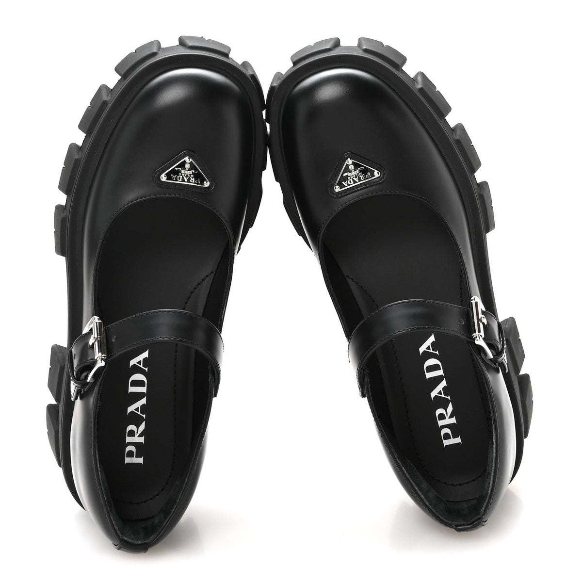 Prada Spazzolato Calfskin Women's Monolith Mary Janes 35.5 Black