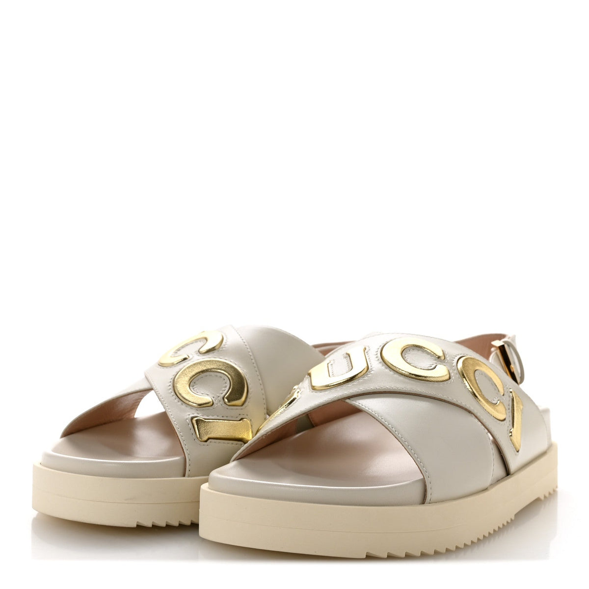 Gucci Calfskin Nappa Women's Charlotte Slingback Sandals 35 Mystic White Platino