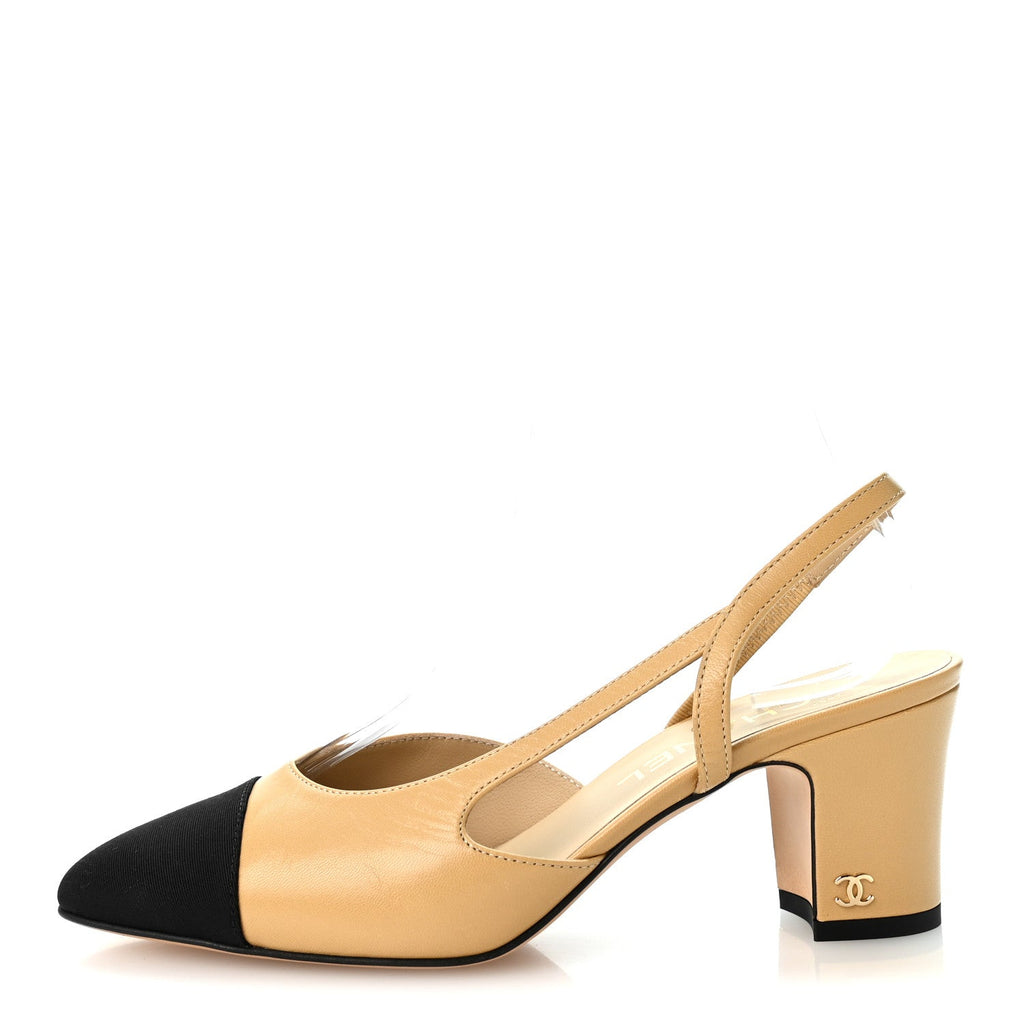 Chanel Goatskin Grosgrain Women's Cap Toe CC Slingback Pumps 37 Beige Black