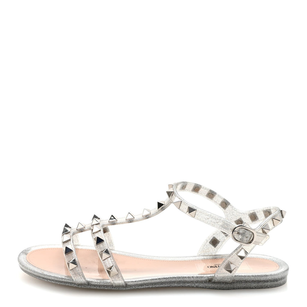 Valentino Garavani PVC Jelly Women's Glitter Rockstud Caged Flat Thong Sandals 36 Silver