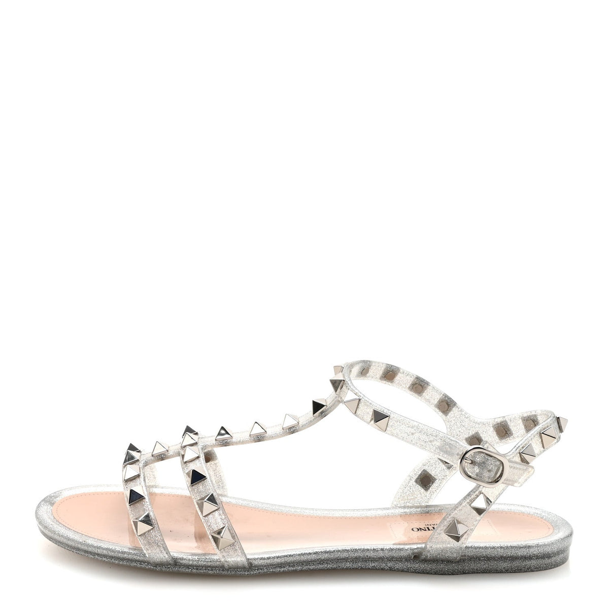Valentino Garavani PVC Jelly Women's Glitter Rockstud Caged Flat Thong Sandals 36 Silver