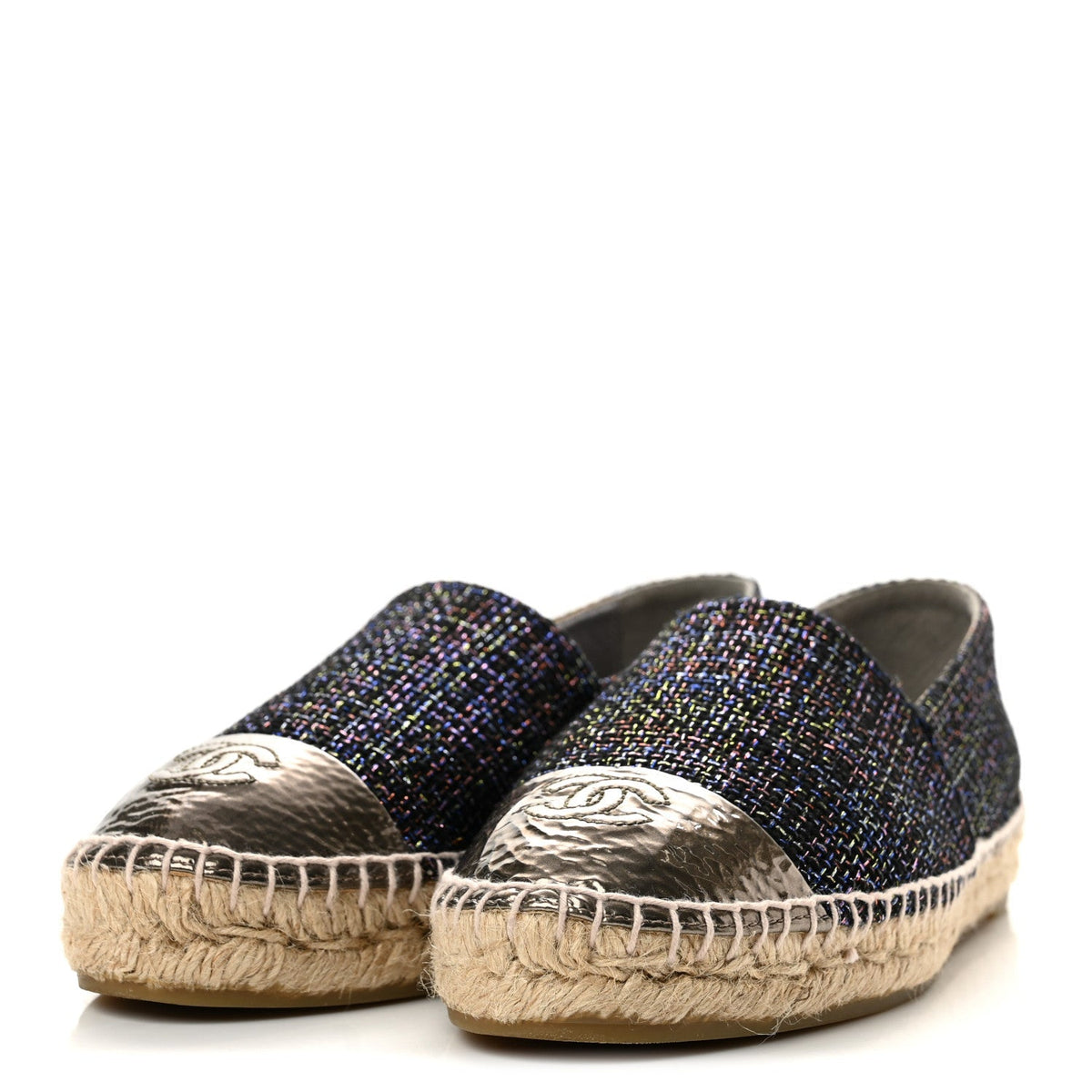Chanel Tweed Patent Goatskin Women's CC Espadrilles 39 Black Pink Yellow