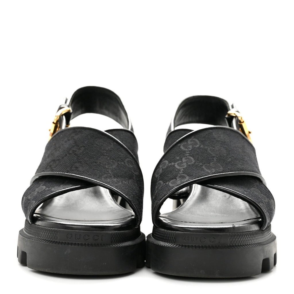 Gucci GG Canvas Women's Monogram Trip Lug Sole Sandals 38.5 Black