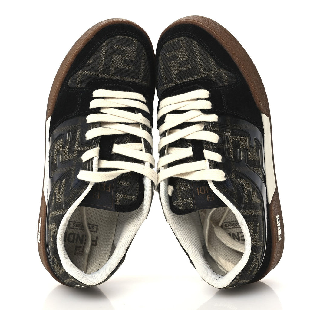 Fendi Suede Calfskin Zucca Women's Match Low Top Sneakers 37.5 Tobacco Black