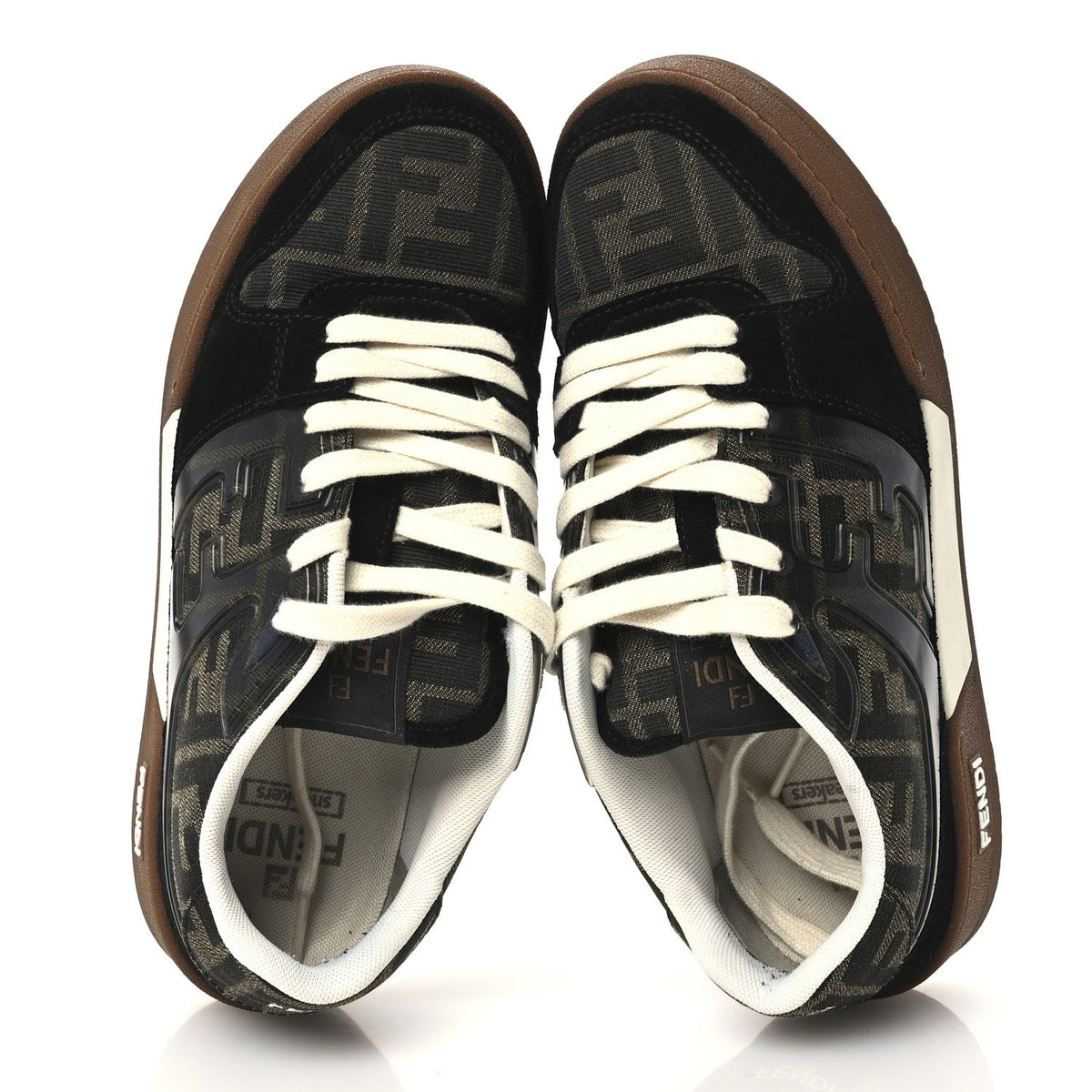 Fendi Suede Calfskin Zucca Women's Match Low Top Sneakers 37.5 Tobacco Black