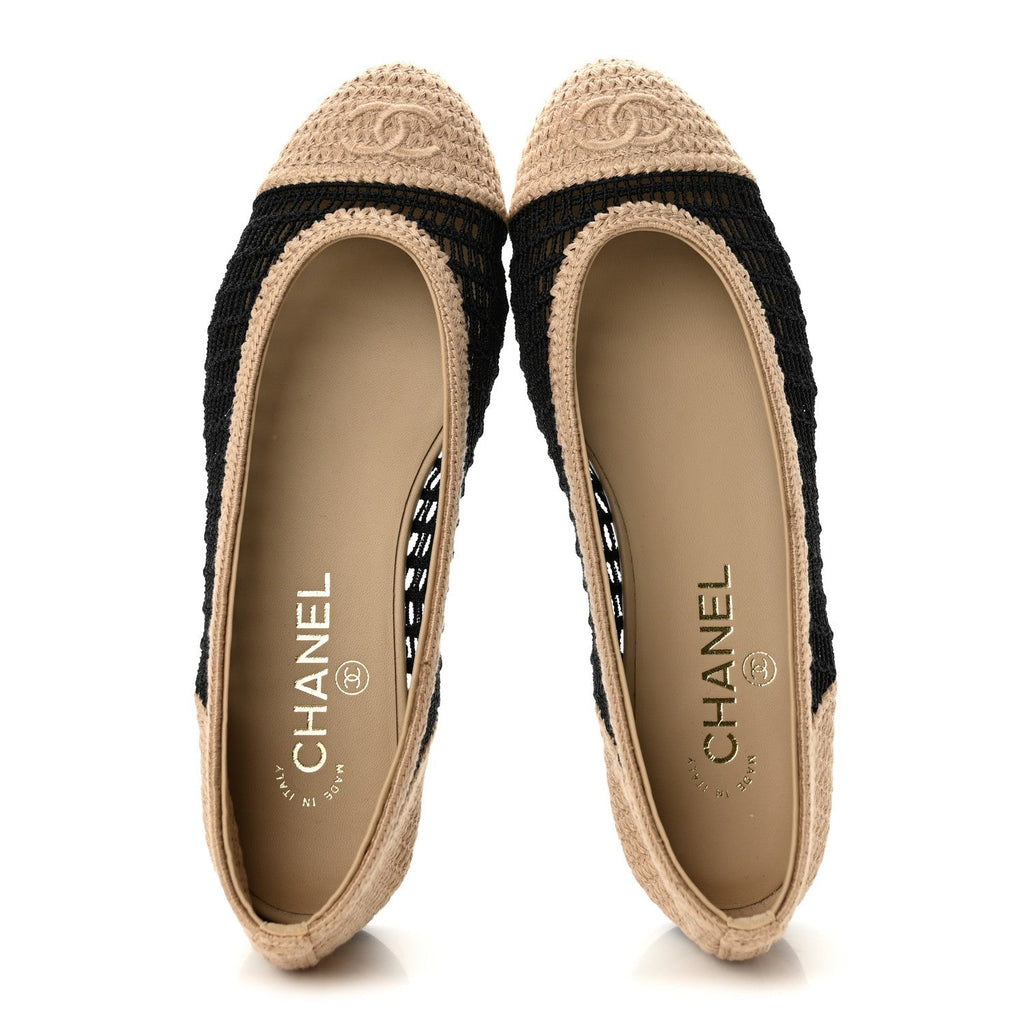 Chanel Raffia Cap Toe Women's Ballerina Flats Black Beige