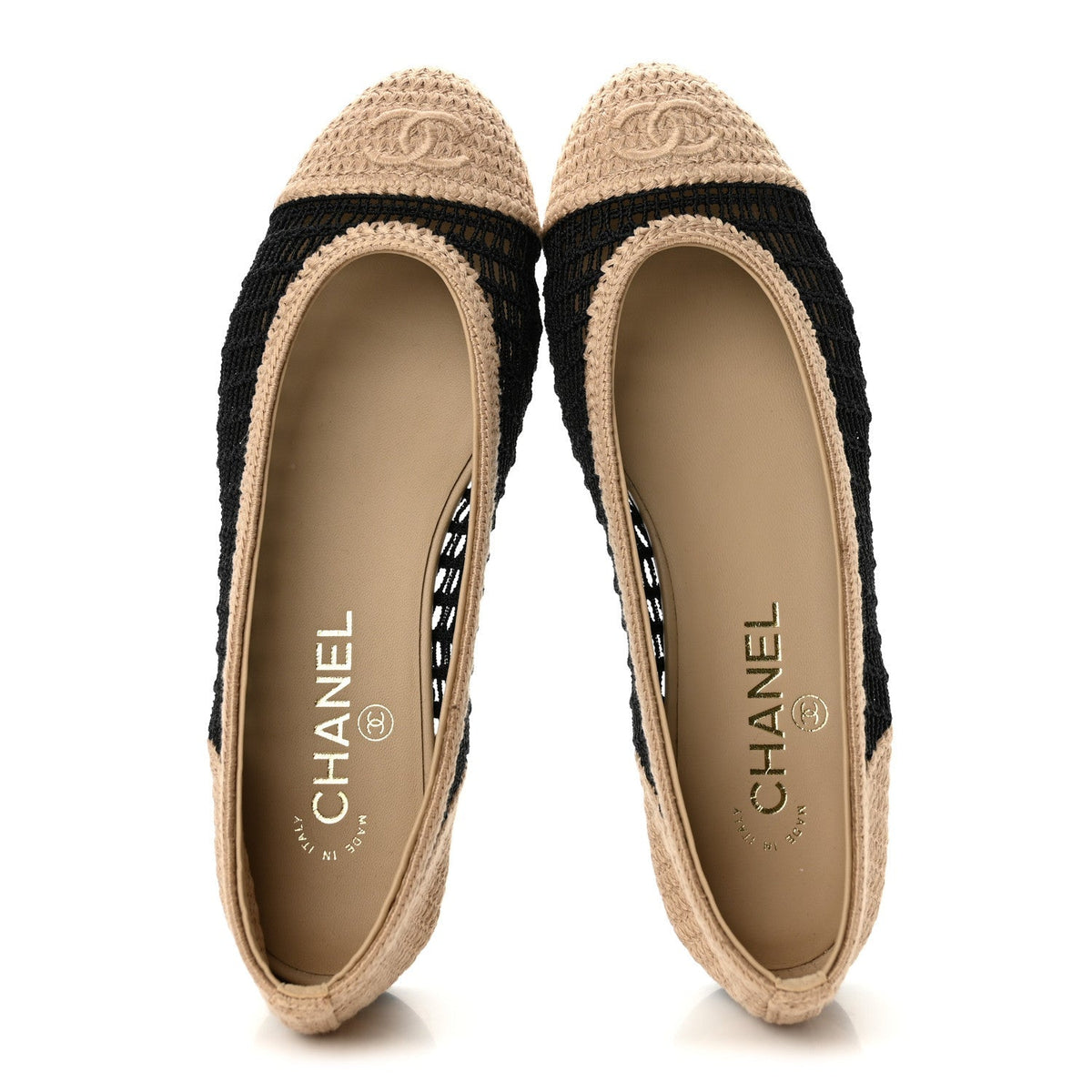 Chanel Raffia Cap Toe Women's Ballerina Flats Black Beige
