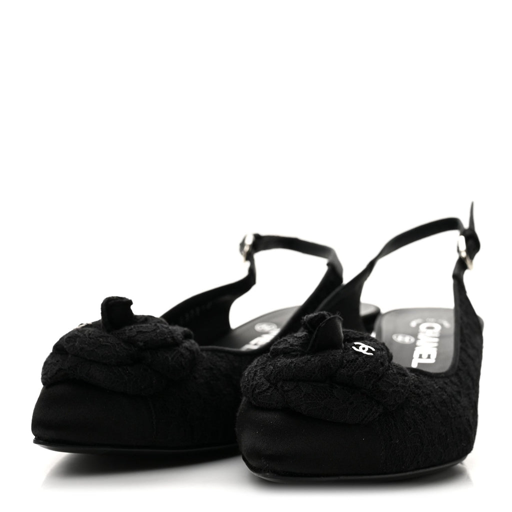Chanel Lace Women's Camellia CC Slingback Pumps 38 Black