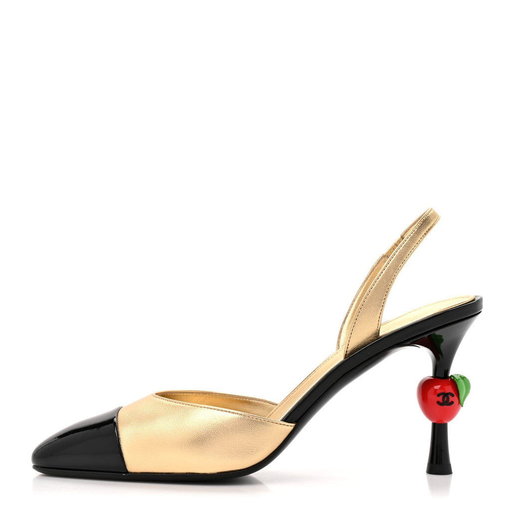 Chanel Lambskin Patent CC Apple Women's Slingback Pumps 41 Gold Black