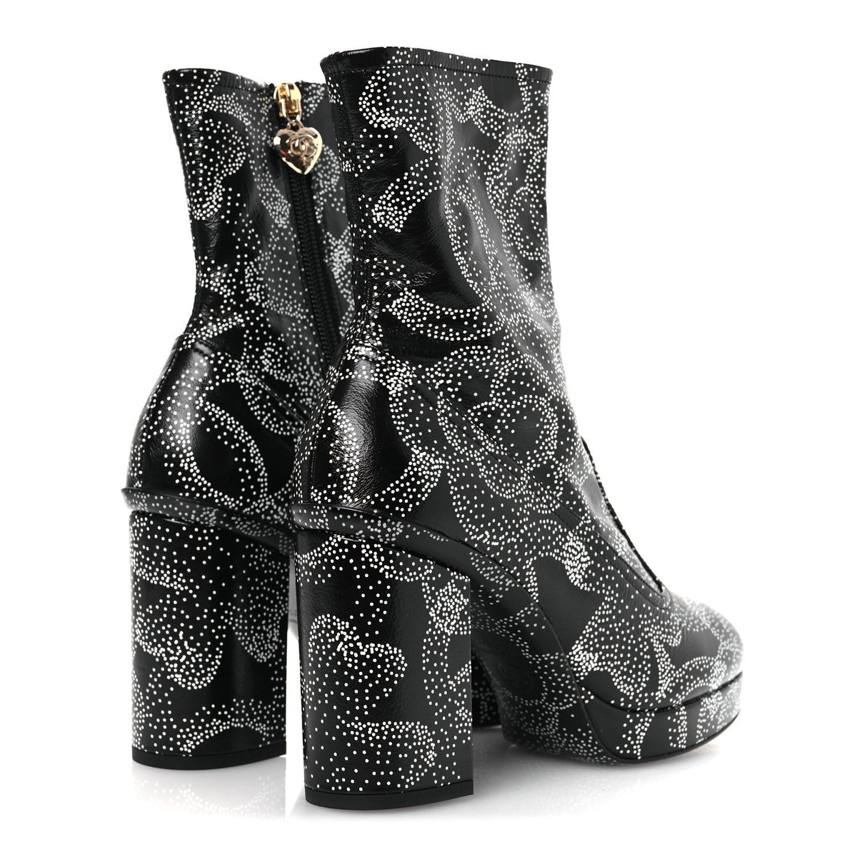 Chanel Calfskin Camellia Printed Women's Ankle Boots 38.5 Black White