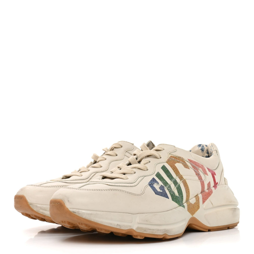 Gucci Calfskin Women's Glitter Game Logo Rhyton Sneakers 39 Mystic White