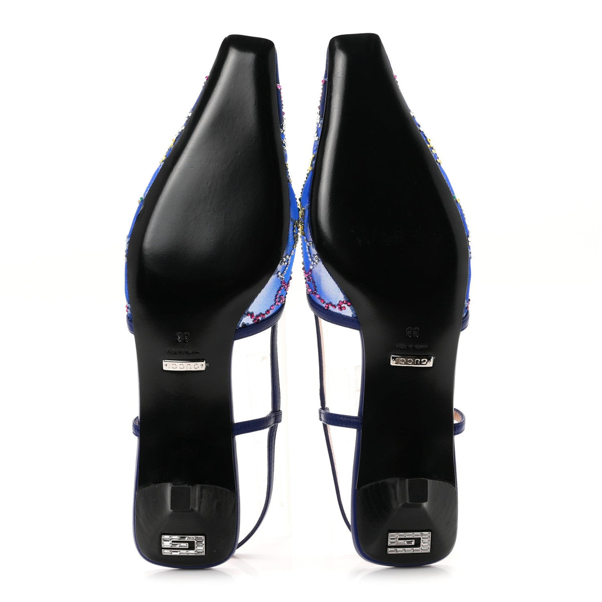 Gucci Tela Retino Nappa Women's Charlotte 35mm Slingback Pumps 38 Splash Net Blue