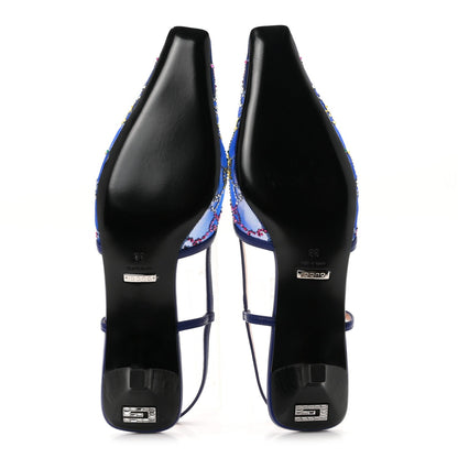Gucci Tela Retino Nappa Women's Charlotte 35mm Slingback Pumps 38 Splash Net Blue