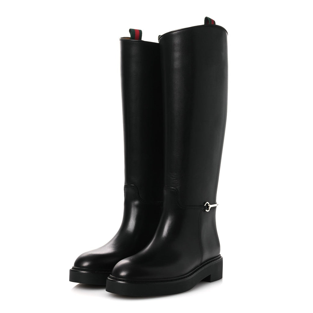 Gucci Shiny Calfskin Women's Michelangelo Slim Horsebit Riding Boots 38 Black