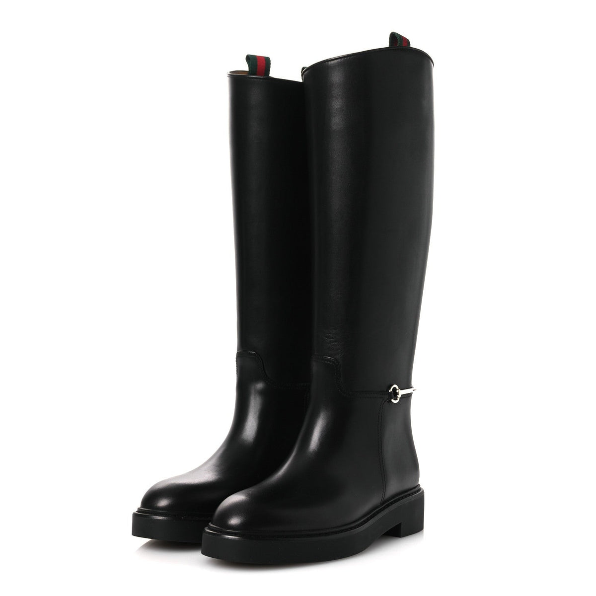 Gucci Shiny Calfskin Women's Michelangelo Slim Horsebit Riding Boots 38 Black