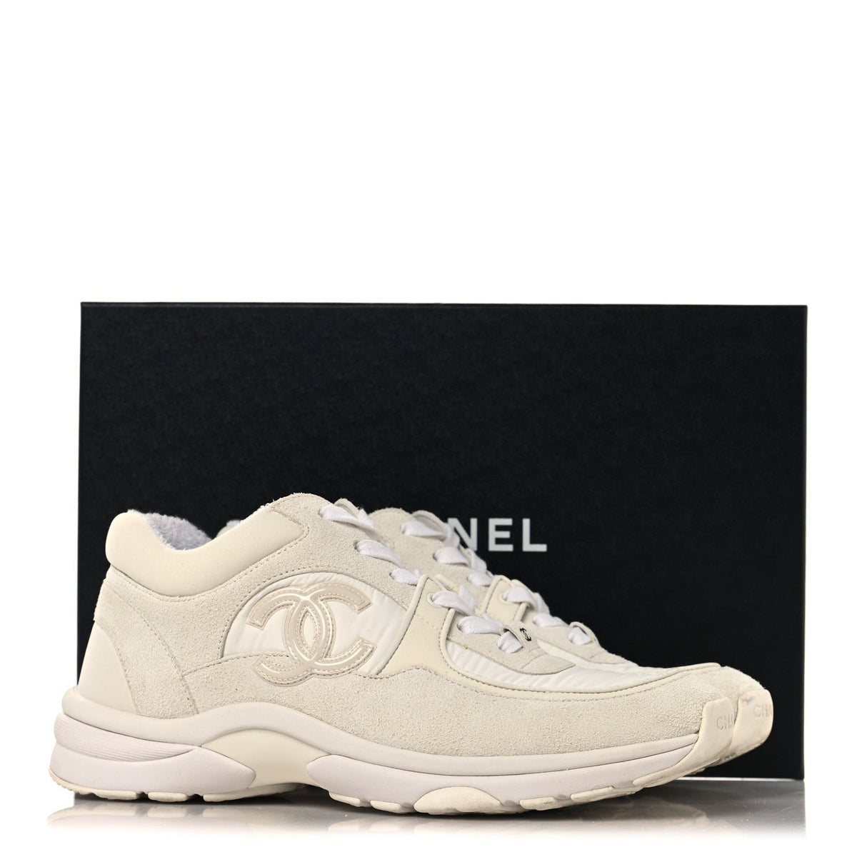 Chanel Suede Calfskin Women's CC Sneakers 37.5 White