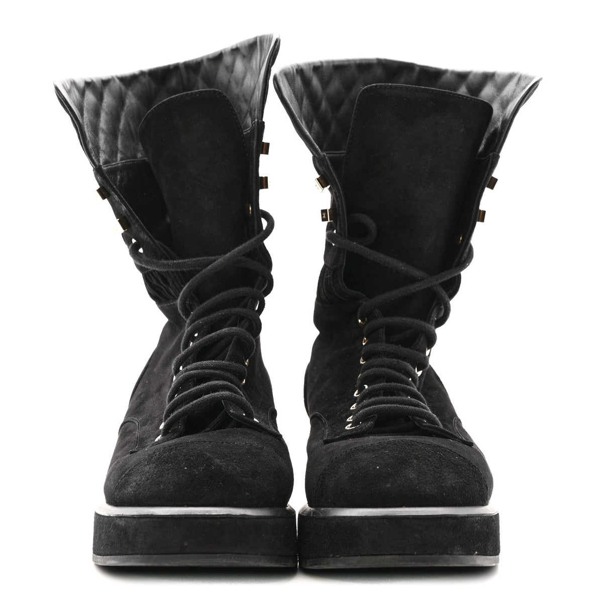 Chanel Suede Quilted Women's CC Lace Up Combat Boots 38.5 Black