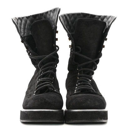 Chanel Suede Quilted Women's CC Lace Up Combat Boots 38.5 Black