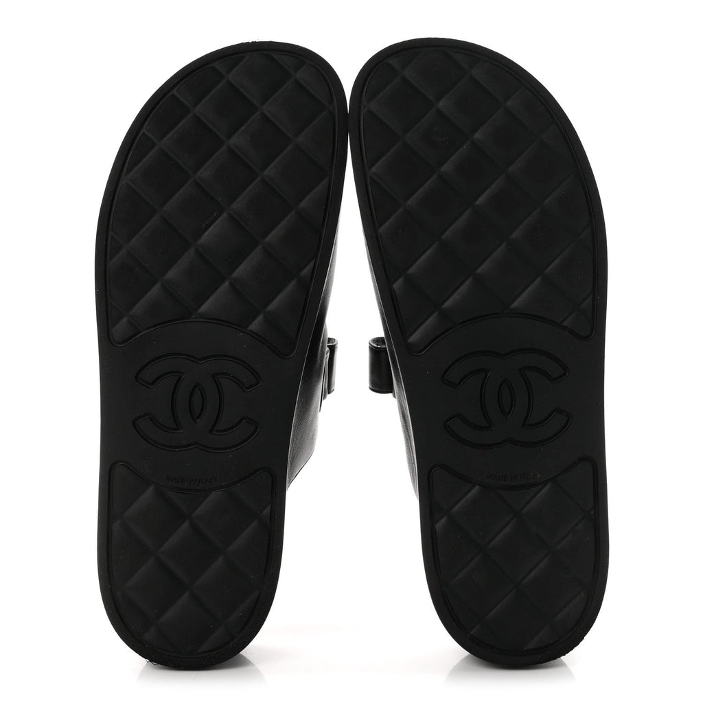 Chanel Lambskin Velcro Dad Chain CC Women's Slide Sandals Black