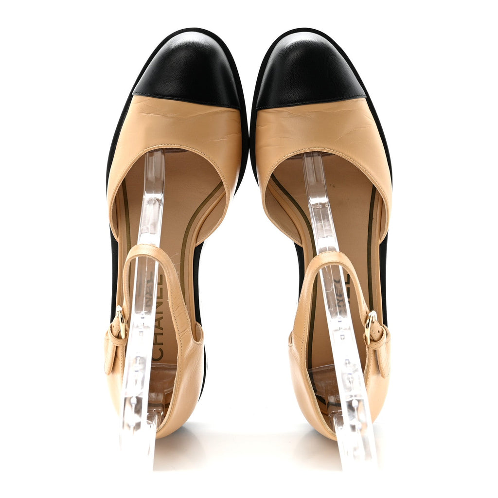 Chanel Shiny Goatskin Women's Mary Jane Flats 38.5 Beige Black