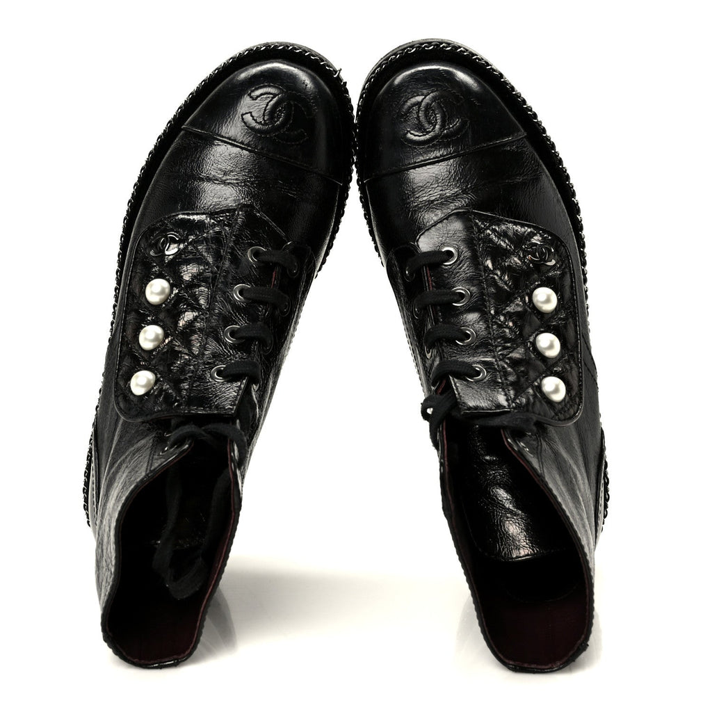 Chanel Crackled Calfskin Velvet Pearl Women's Combat Short Boots 36 Black