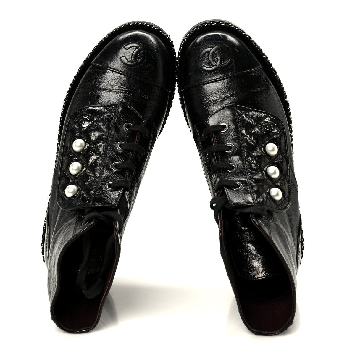 Chanel Crackled Calfskin Velvet Pearl Women's Combat Short Boots 36 Black