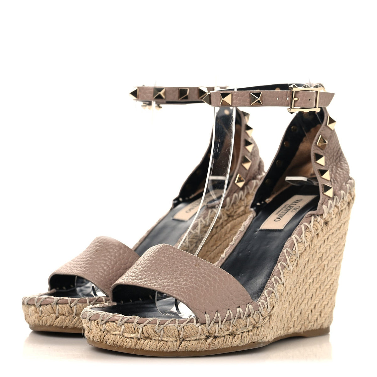 Valentino Garavani Calfskin Women's Rockstud Espadrille Wedge Sandals 35 Poudre Natural