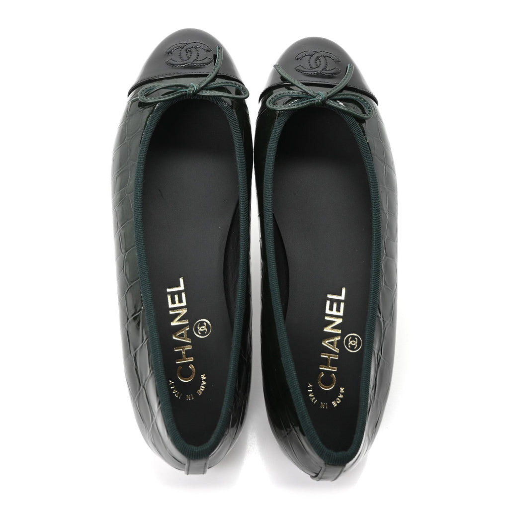 Chanel Crocodile Embossed Patent Calfskin CC Women's Ballerina Flats Dark Green Black